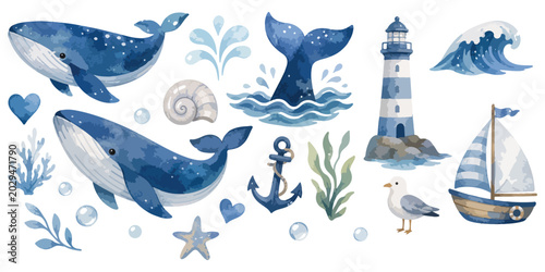 Obraz na płótnie Watercolor Blue Whale Clipart: Ocean Lighthouse and Sailboat Nautical Set