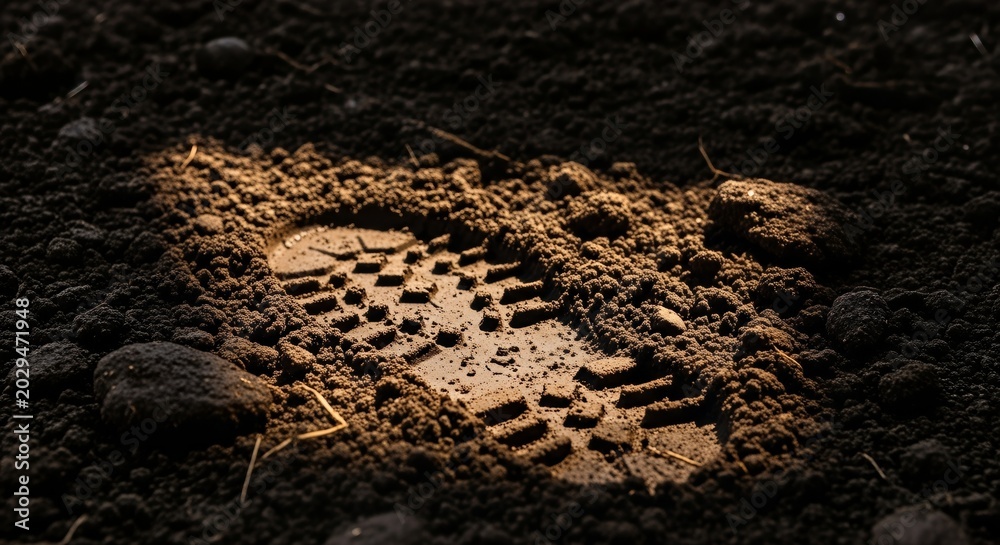 Fototapeta premium Detailed Shoe Footprint Pressed Into Rich Soil Surface With Dramatic Lighting