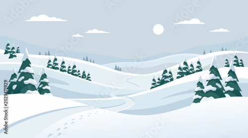 Vast snowy winter landscape with soft rolling hills and distant trees. Silent arctic white wilderness, seasonal vector view.