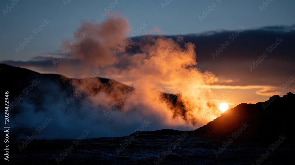 Fototapeta premium Volcanic landscape at sunset with steam rising from geothermal vents and silhouetted mountains in the background, showcasing natural beauty and geological features
