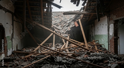 Interior of a collapsed building showing extensive damage, debris, and broken wooden beams with partial roof structure visible.