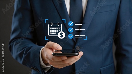 Businessman in suit holding smartphone with payment calendar and checklist icons, bill due date reminder, financial planning schedule, money transfer confirmation, banking app