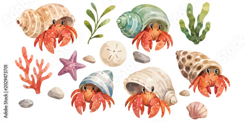 Obraz na płótnie watercolor cute hermit crab collection