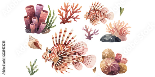 Canvas-taulu watercolor lionfish ocean life collection