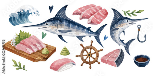 Foto watercolor marlin swordfish collection