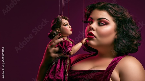 Dramatic conceptual portrait of a plus size woman in a velvet dress holding and interacting with a classic vintage marionette puppet