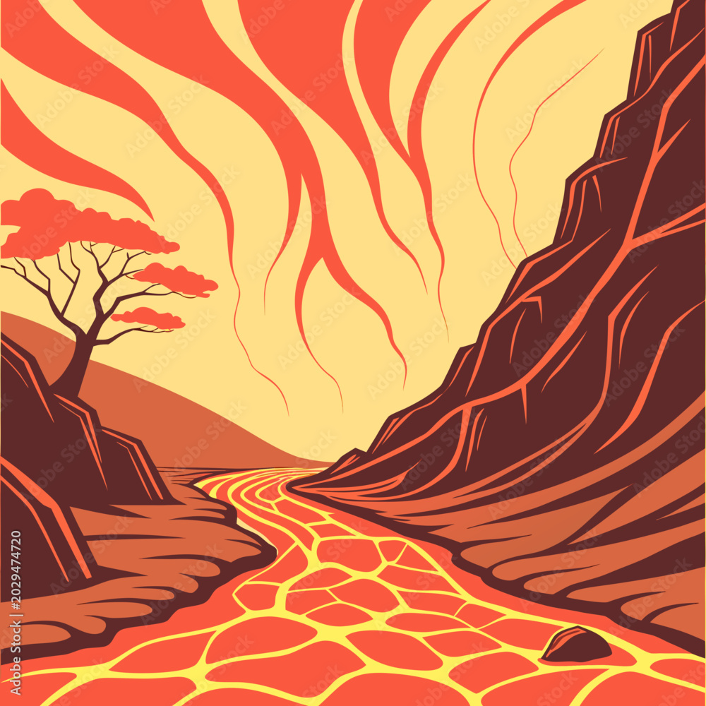 Ταπετσαρία Lava flow in a canyon under a fiery sky with landscape mountain abstract illustr