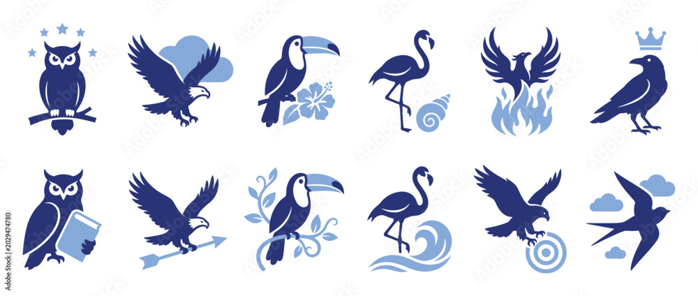 Fototapeta premium Set of bird logos for branding and identity design showcasing diverse avian species