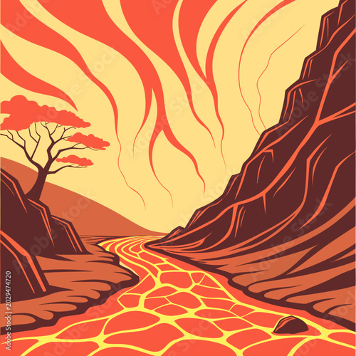 Fotografie Lava flow in a canyon under a fiery sky with landscape mountain abstract illustr