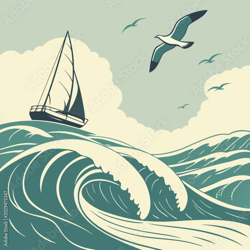 Photos Sailing boat on choppy seas with seagulls flying overhead adventure nautical tra