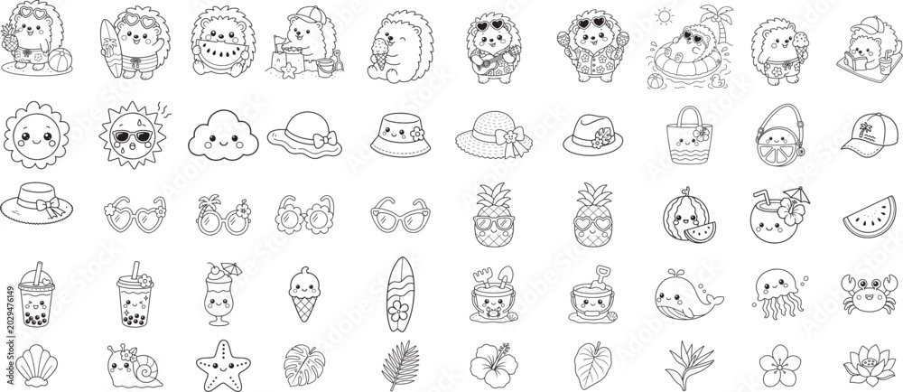 Obraz premium Cute Kawaii Hedgehog Summer Elements Collection Hand Drawn Vector Set