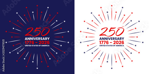 250th Years USA Independence Anniversary Badge with Red Blue and white Starburst Firework Vector Illustration