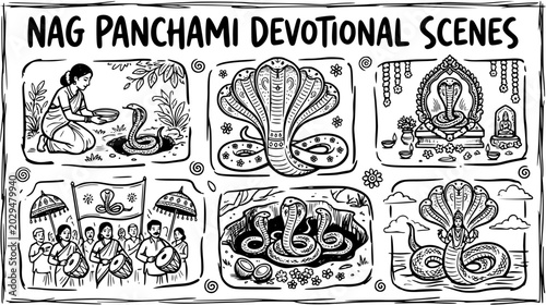 Bild auf Leinwand Nag Panchami Devotional Scenes Line Art - Indian Religious Festival Celebrating
