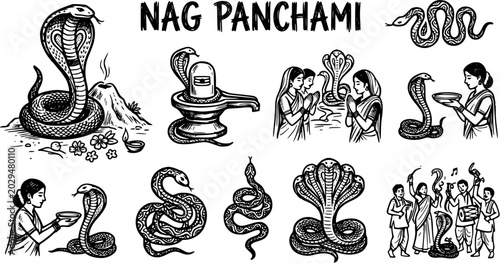 Photos Nag Panchami Black and White Line Art Vector Illustration with Snakes and Puja