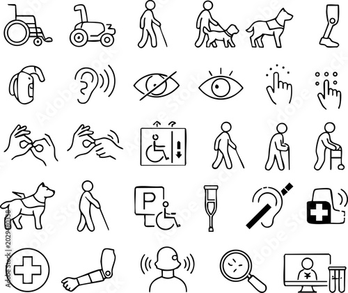 Disability and accessibility icon set with wheelchair guide dog sign language and prosthetic limbs, disability