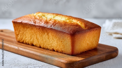 Loaf cake with golden crust on a wooden board