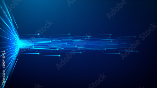 Luminous horizontal torrent of cyber data. Glowing circuit paths converge into a vertical stream. Digital signal processing, core of big data technology in motion, network traffic concept. Vector.