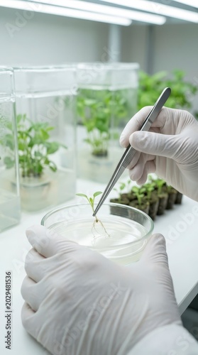 Scientist working with plant seedling in laboratory