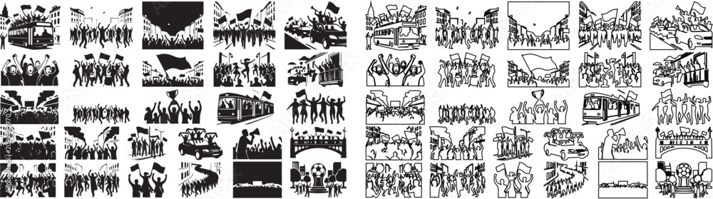 Εκτύπωση καμβά Vintage political protest silhouettes and line art icons, historical demonstrati