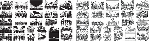 Foto Vintage political protest silhouettes and line art icons, historical demonstrati