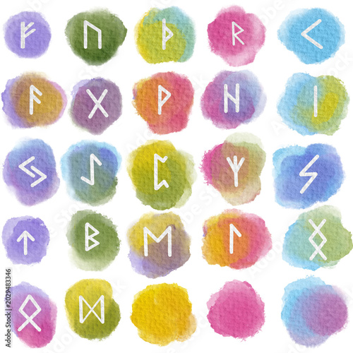 Watercolor hand painted set of white Elder Futhark on textured paper, isolated without background, png