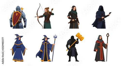 Diverse fantasy characters collection featuring warriors, archers, mages, and rogues in various poses.