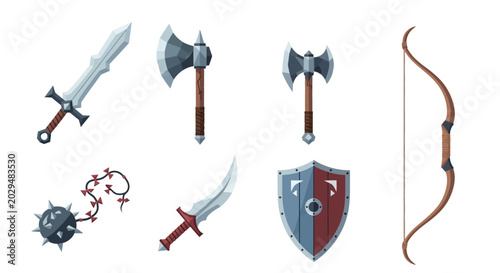 Fantasy medieval weapons set for game design and historical illustrations.