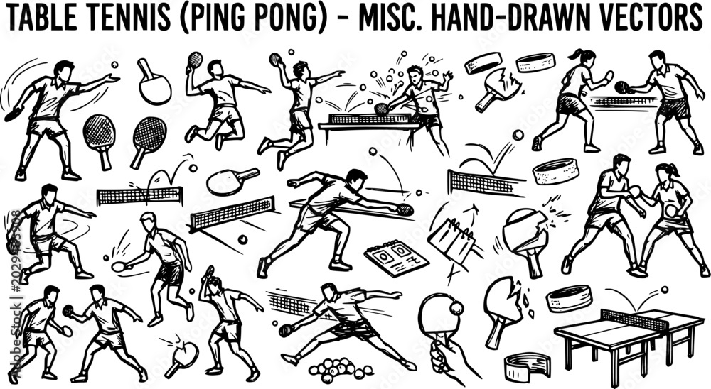 Fototapeta premium Table Tennis Ping Pong Hand Drawn Vector Icons Set, Sports Illustration
