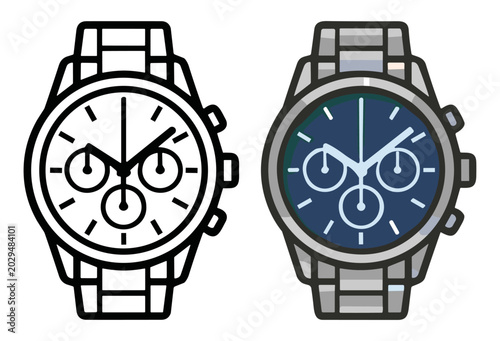 Photos Wristwatch and chronograph vector icon set with analog dial and metal strap on t