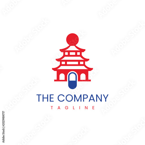 Traditional asian pagoda medical logo with capsule pill and temple icon