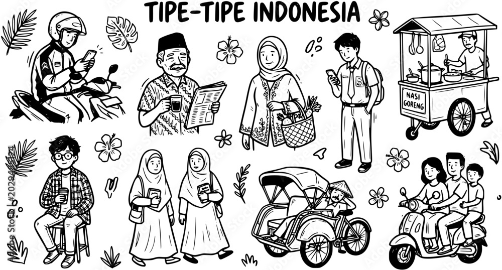 Fototapeta premium Indonesian People and Culture in Black and White Line Art Style