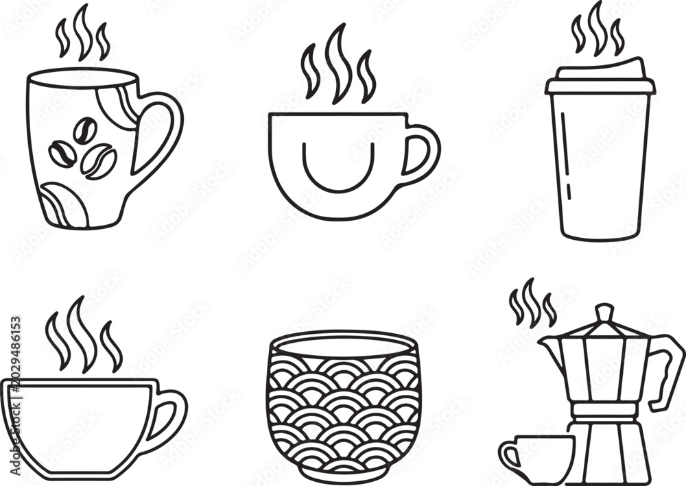 Obraz premium Coffee cups and moka pot line art icon set vector illustration