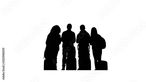 Group of travelers walking with luggage silhouettes against white background minimalist line art