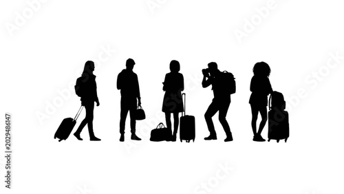 Silhouettes of Travelers with Luggage at Airport or Station, People Waiting or Moving, Travel and Transit Scene, Black and White