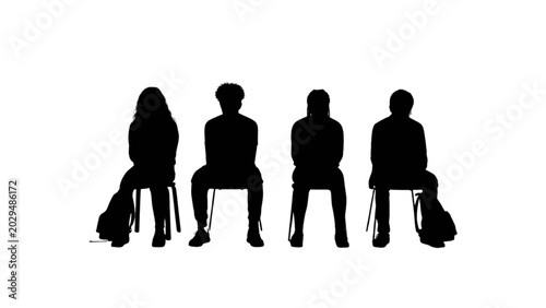 Silhouettes of Four People Sitting on Chairs in a Row Against White Background