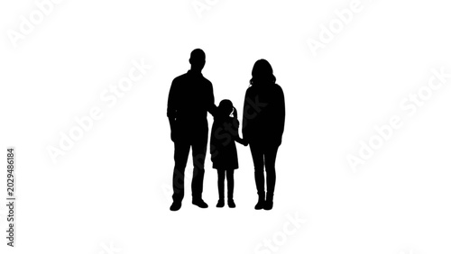 Family of three holding hands walking together in minimalist silhouette style illustration