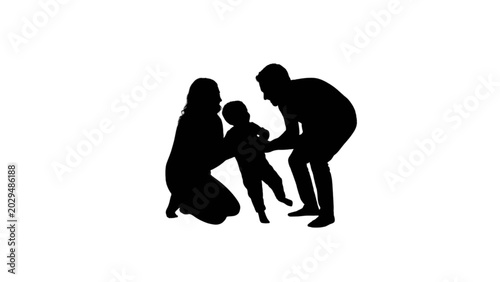 Silhouette of a family with a child, parents helping and playing, indoor setting, warm and joyful mood