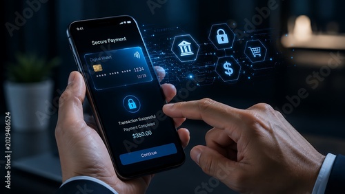 A person holding a smartphone with a secure payment app on the screen and icons related to finance and security floating above it