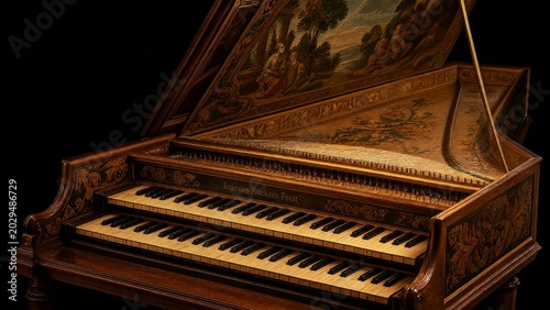 harpsichord. Open Baroque harpsichord revealing two rows of keys and internal paintings. event programs, museum guides, designed for cultural heritage projects and event programs.