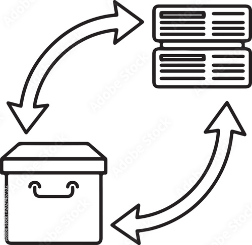 A minimalist, black and white icon depicts a circular process, icon.