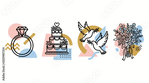 Wedding ceremony and romantic celebration icons