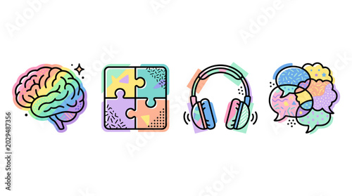 Neurodiversity and mental health concept icons with colorful patterns