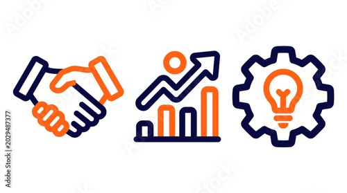 Business partnership growth and innovation symbols in orange and blue