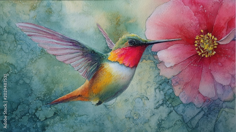Fototapeta premium Vibrant watercolor hummingbird reaches for a large, textured pink flower