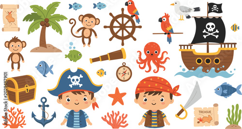 Photography Cute Cartoon Pirate Kids and Tropical Animal Elements Set with Sailing Ship, Mon