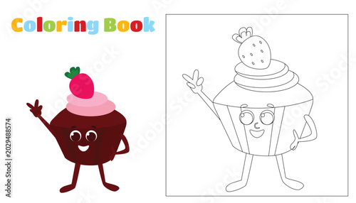 Fotografia Coloring Page the chocolate muffin with cream and strawberries is smiling and has a happy look
