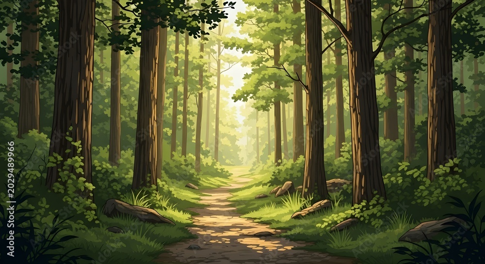 Obraz premium A serene forest path winding through towering trees, illuminated by dappled sunlight, inviting exploration into nature's quiet beauty