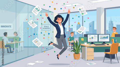 Businessman celebrating success in modern office.