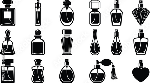 Foto Perfume Bottle Cosmetic Silhouette Icon Set Featuring Various Glass Spray Contai
