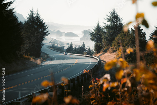 Oregon Coast Highway in golden morning light at sunrise, OR, Pacific Northwest, USA